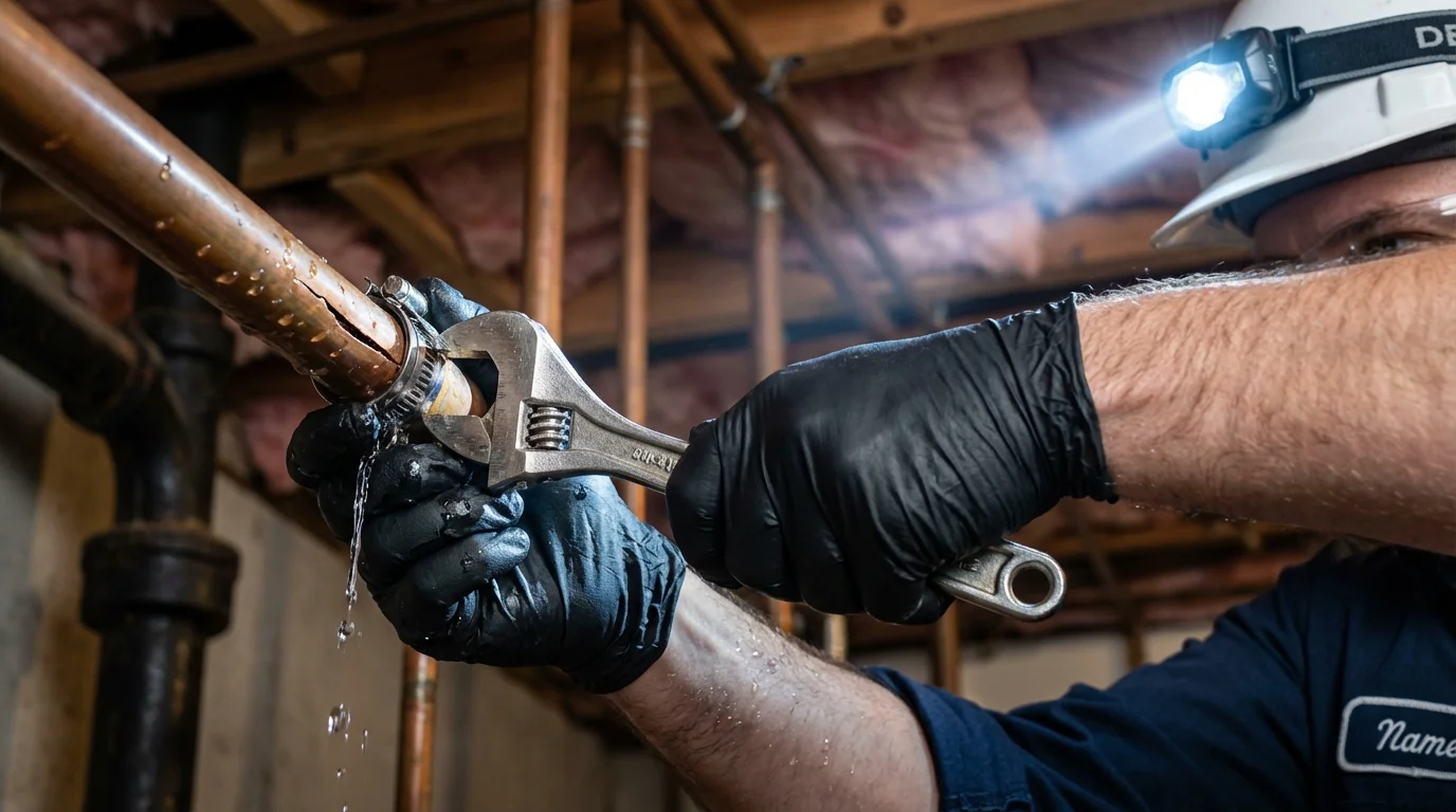 Emergency pipe clamp repair being performed by a Johns Plumbing LLC plumber in Vega Baja