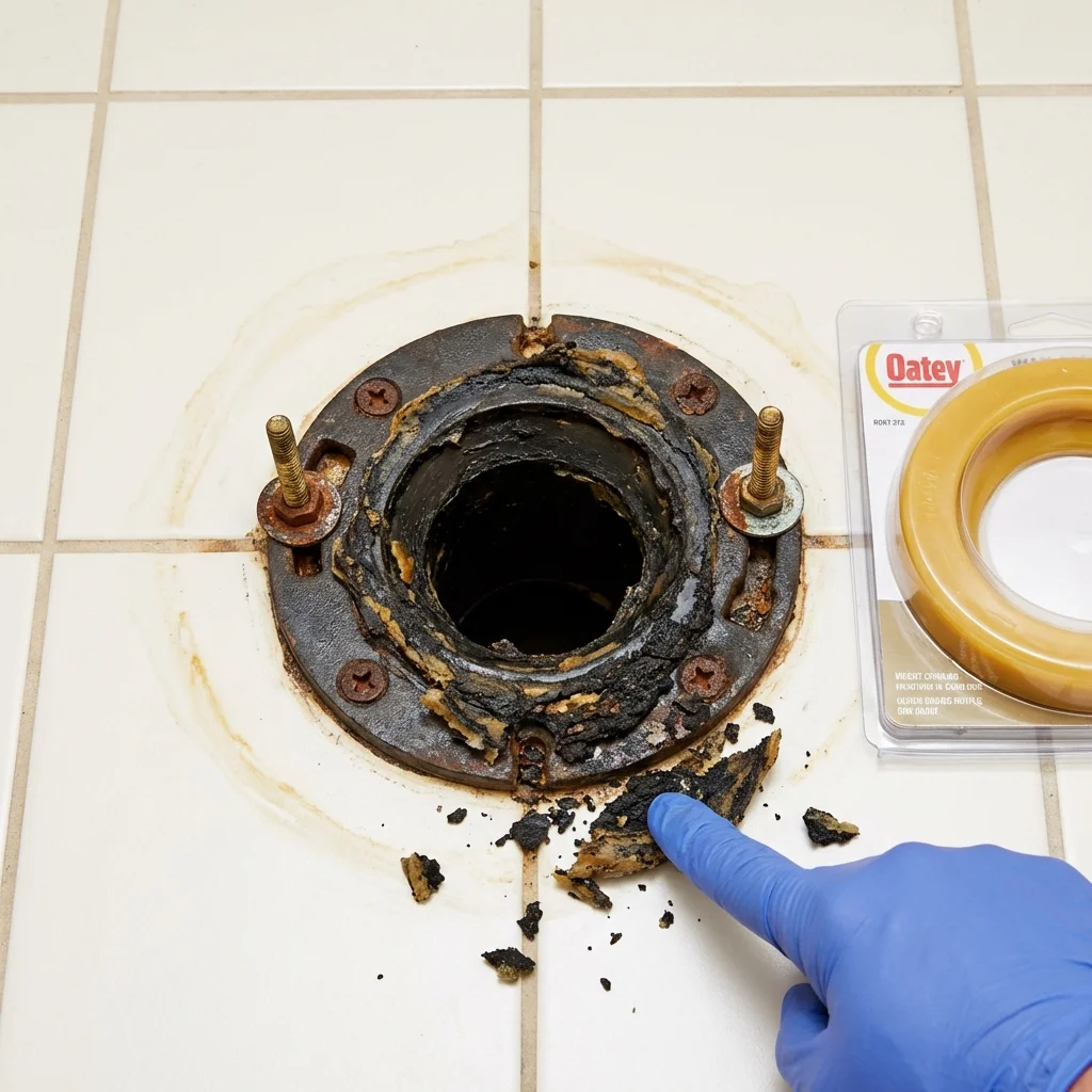 Failed wax ring showing water seepage at the base of a toilet in a Vega Baja, PR home
