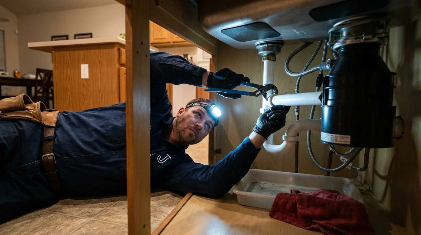 P-trap and supply line connections under a kitchen sink showing a common leak point in Vega Baja, PR